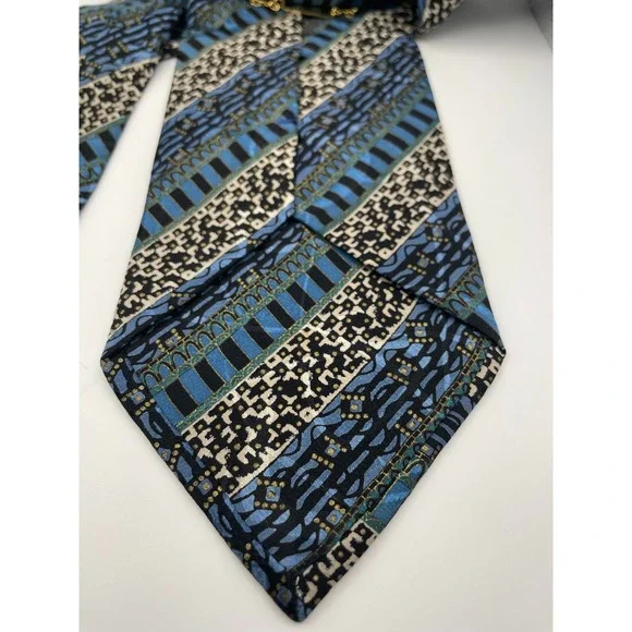 Brioni Silk Tie Blue Black Geometric Abstract Pattern Men's Necktie